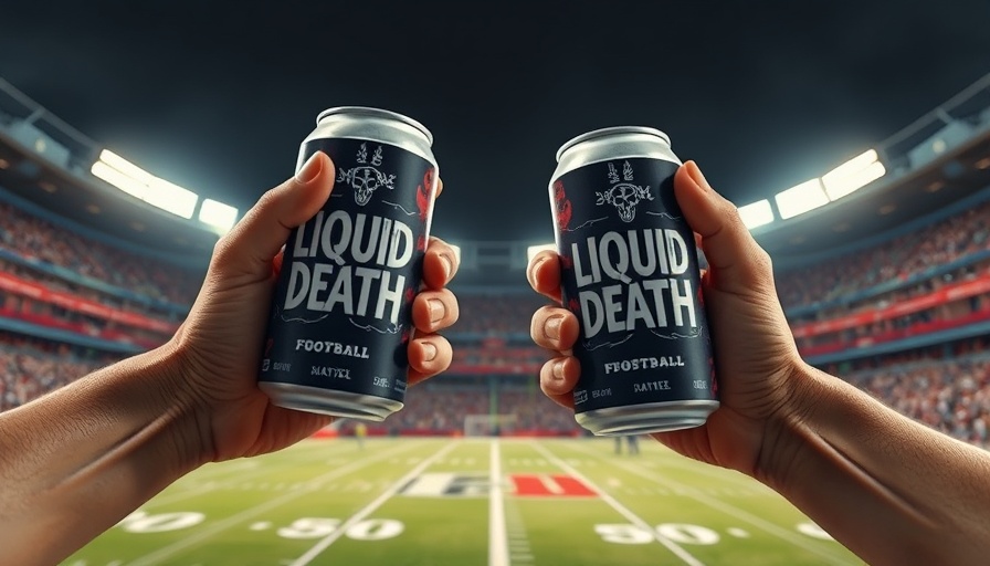 Liquid Death Super Bowl cans on football field background.