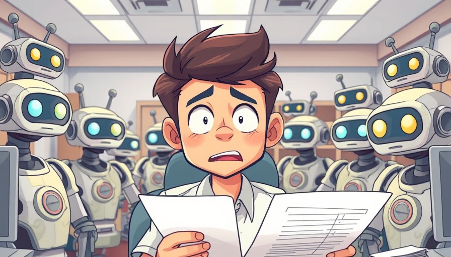 Cartoon of young man overwhelmed by robots and papers in an office.