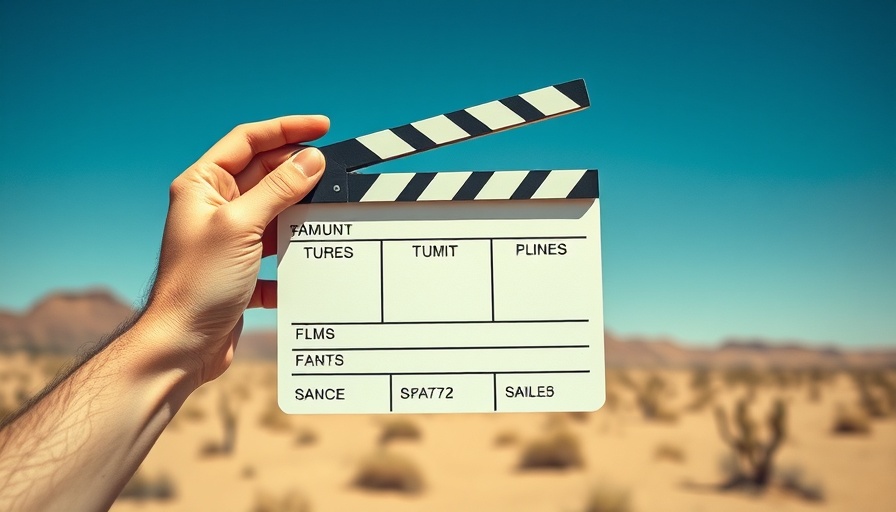 Film clapperboard in desert setting, related to video editing.