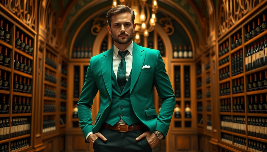 Stylish individual in green blazer in luxury wine cellar, Digital Marketing