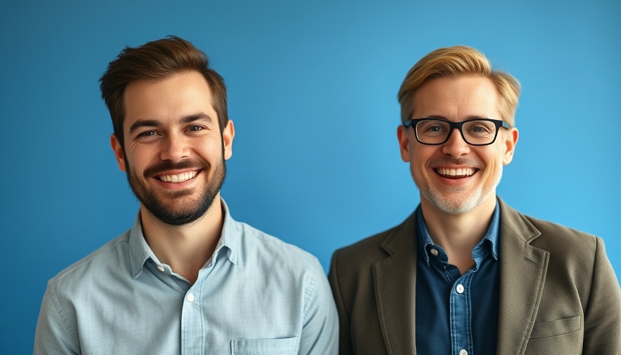 Two smiling adults in a studio, blue background.