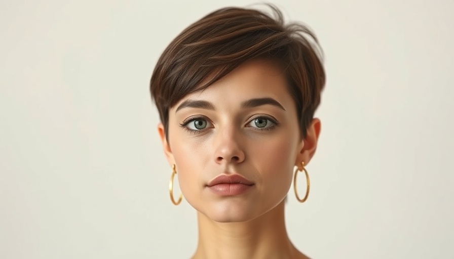 Portrait of a woman with short hair and gold earrings for FireAid concert.