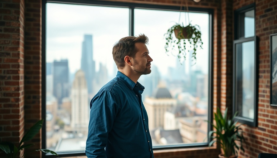 Venture Capital: Thoughtful man in office with cityscape view