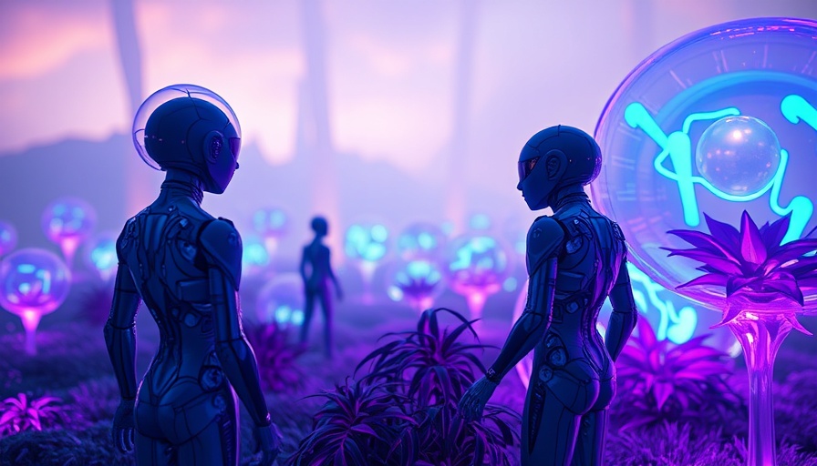 Digital transformation concept with futuristic figures on glowing structure.