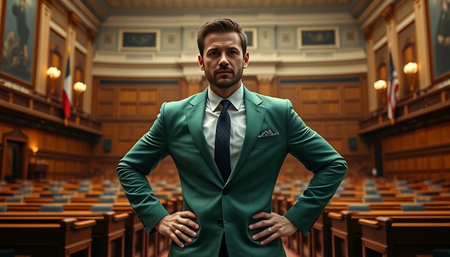 Man in green blazer in legislative chamber, social media politics influence.