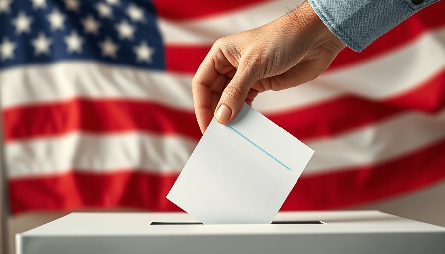 Voting hand placing ballot in box with flag background, brand capital.