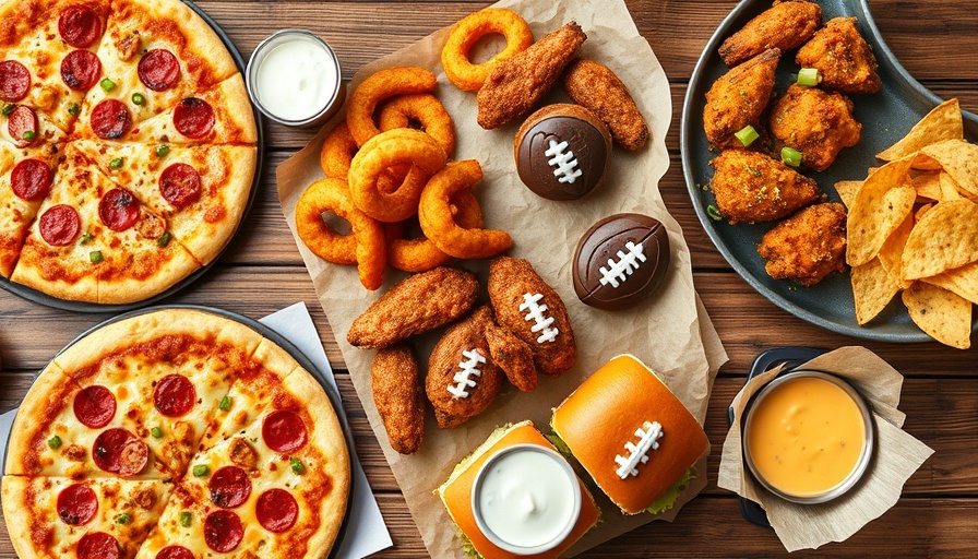 Vibrant Super Bowl snacks on rustic table including pizza and wings.