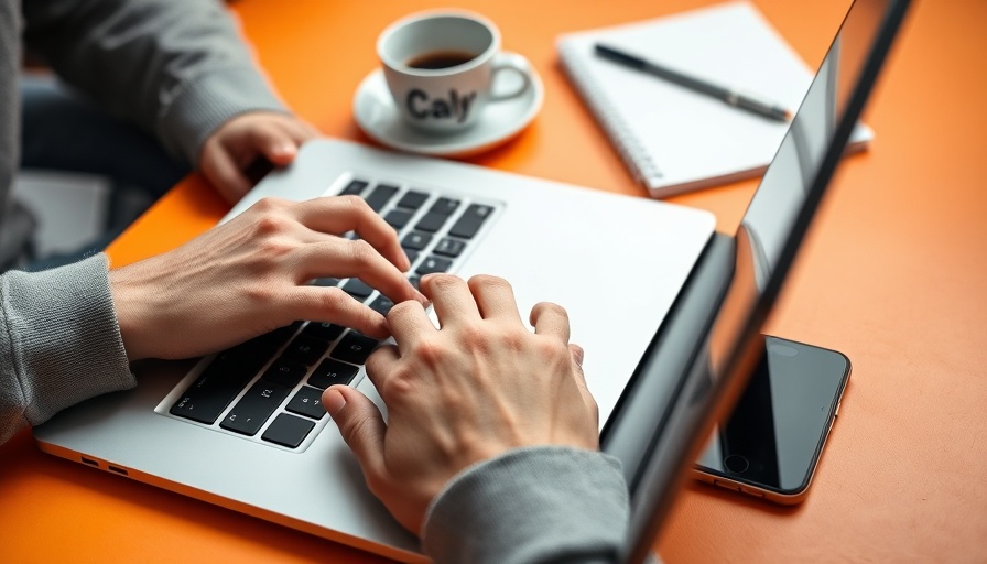 Close-up hands typing on laptop with notebook and coffee, AI writing tools.