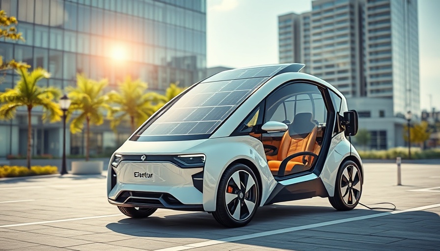 Electric vehicle with solar panels charging in a futuristic urban environment.