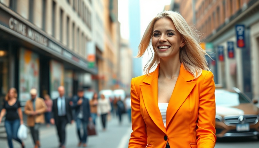 Confidently styled woman in orange on a vibrant city street.