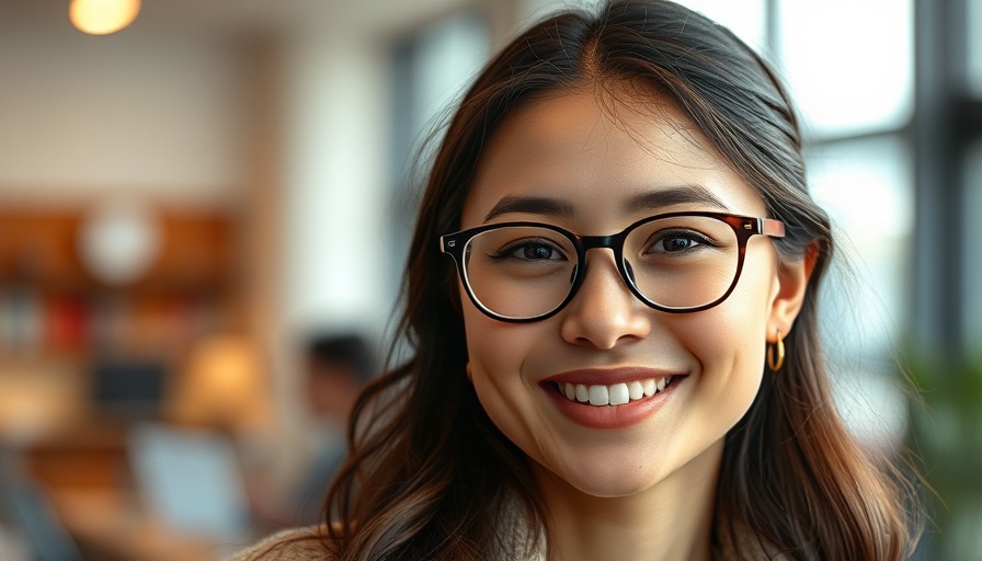 Smiling young woman in glasses, warm indoor lighting.