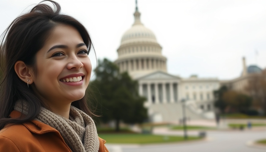 Young woman smiling in front of US Capitol amid rising inflation risks.