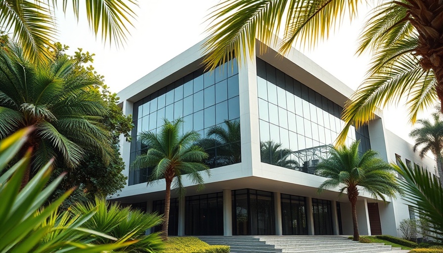 Modern academic building with trees, showcasing architecture on social media.