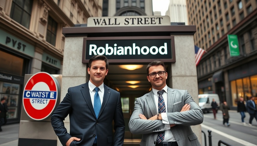 Entrepreneurs pose by Wall Street with Robinhood sign, city success.