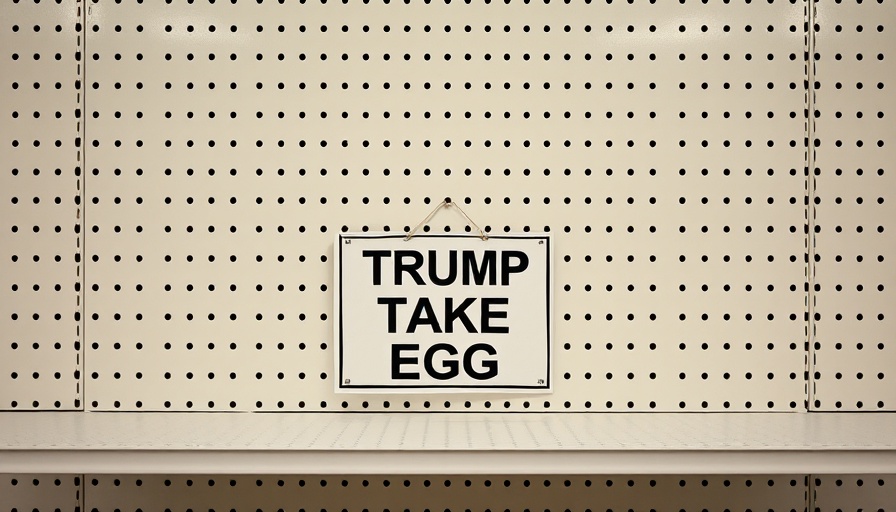 Trump take egg meme on empty shelf with pegboard background.