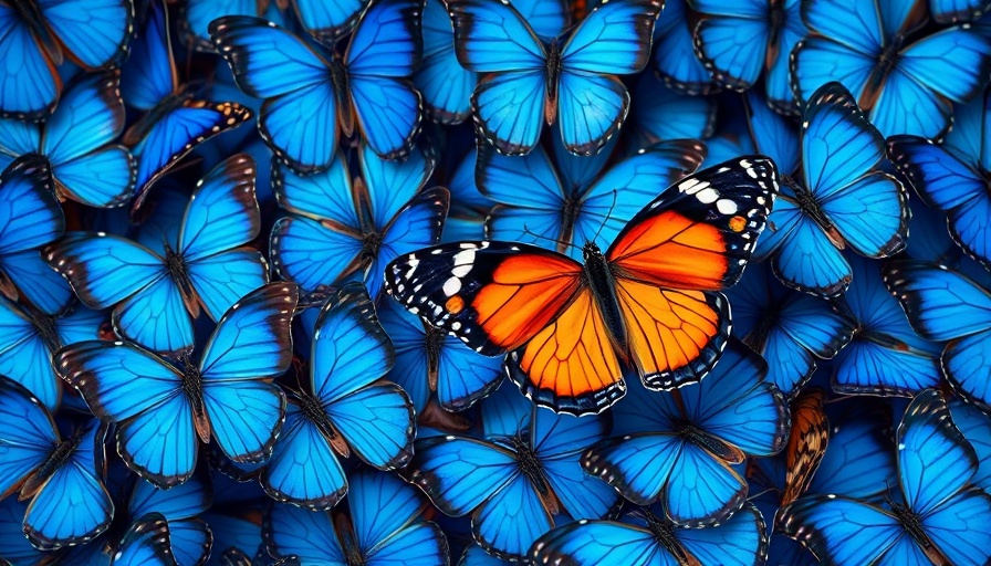 Vivid blue butterflies contrast with one orange standout.