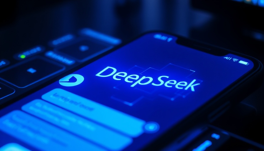 DeepSeek AI for marketers, smartphone displaying AI chat interface with glowing logo.