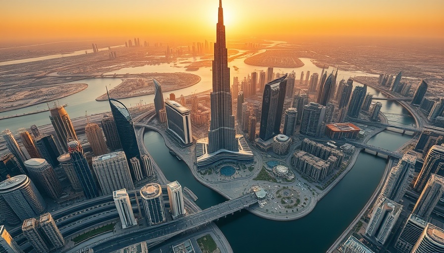 Aerial view of Dubai skyline at sunrise, featuring Burj Khalifa.