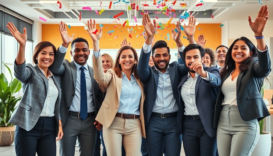 Business team celebrating achievements with confetti in office.