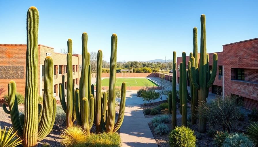 University entrance with cacti and desert landscaping, ideal for social media.