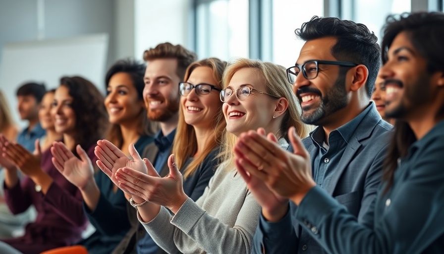 Diverse group applauding in a modern office meeting.