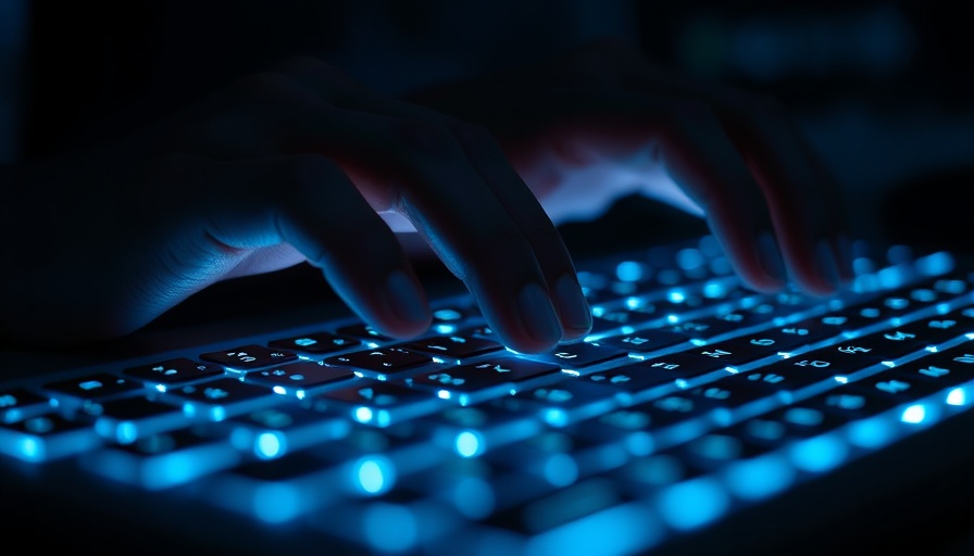 Hands typing on an illuminated keyboard, promoting social media safety.