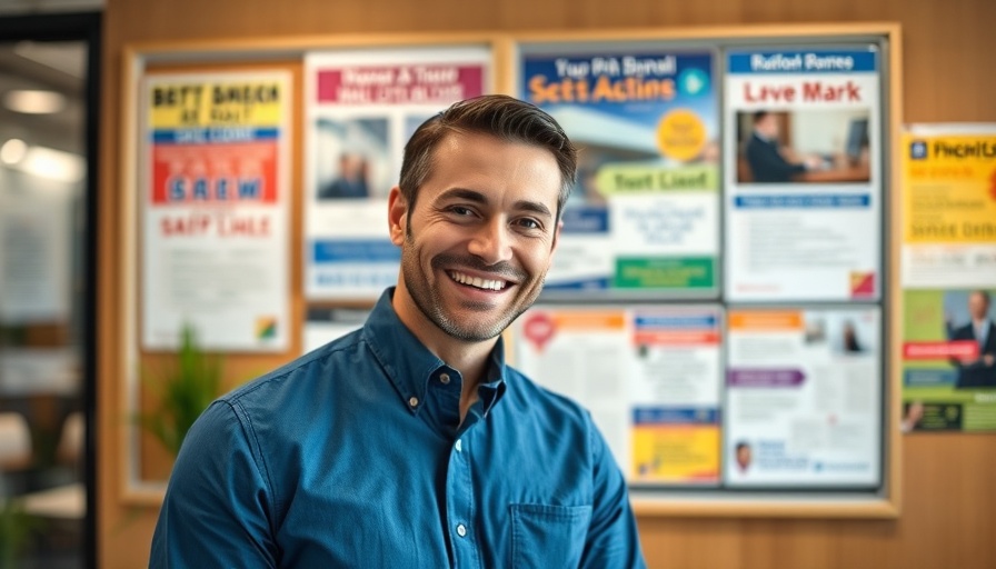 Man in a blue shirt smiling in an office, storytelling in advertising background.