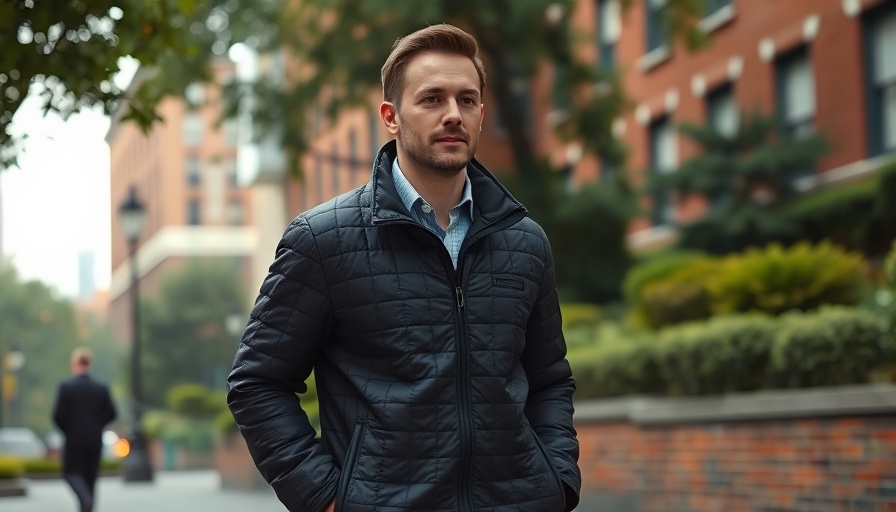 Businessman strolling through a city park on an overcast day.