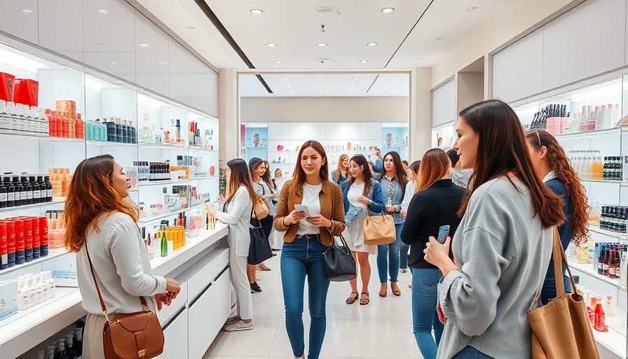 Diverse shoppers in a cosmetics store exploring skincare trends.