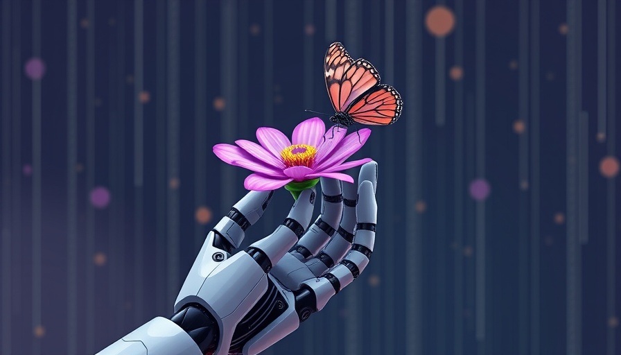 AI-Powered Green Strategy illustration with robot hand and flower.