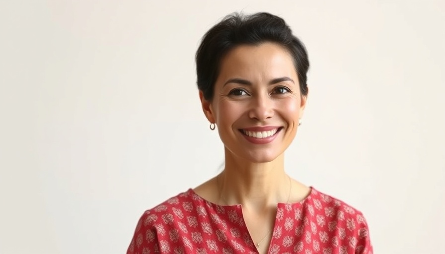 Woman in red blouse smiling against white background.