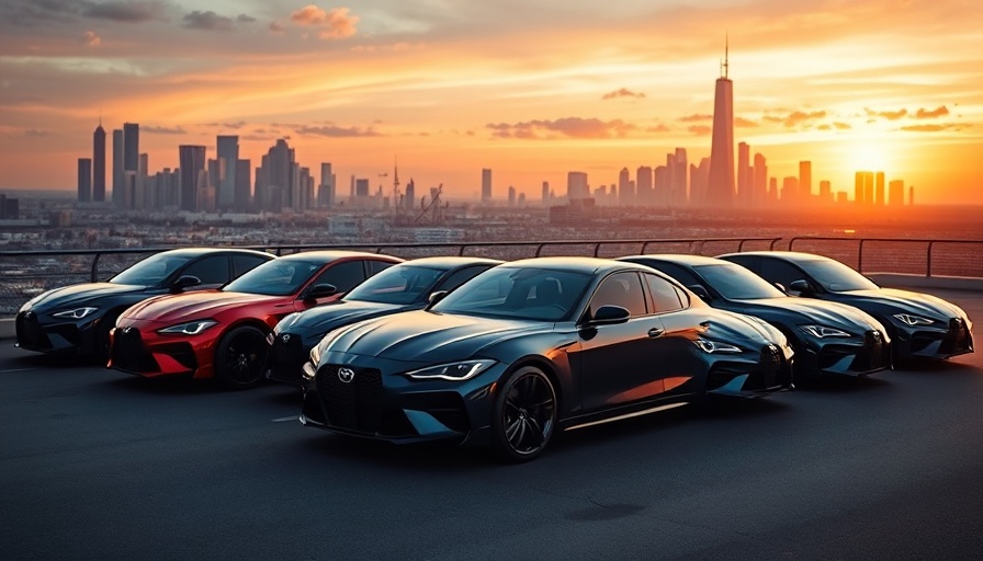 Seven colorful cars lined up at sunset for automotive advertising digital personalization.