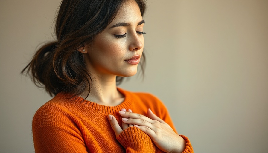 Relaxed woman reflecting on true values, hands on heart.