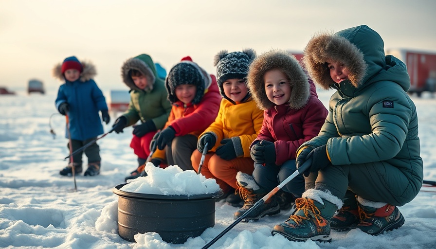 Children ice fishing at Williston Youth Ice Fishing Derby in snowy landscape.