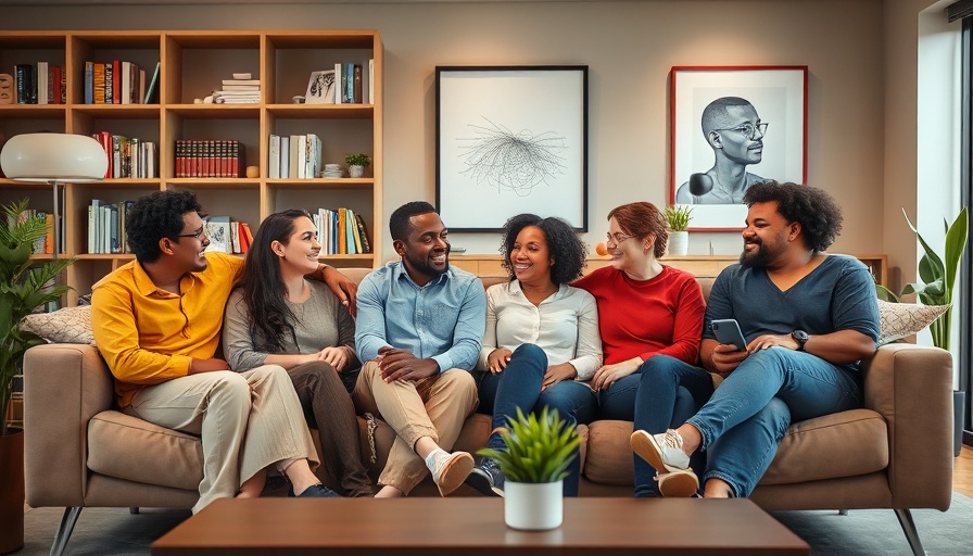 Group discussing topics on a couch, highlighting social media engagement.