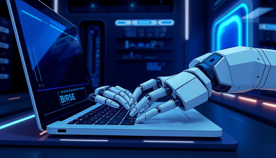 Futuristic robotic hands at a laptop illustrating AI in performance reviews.