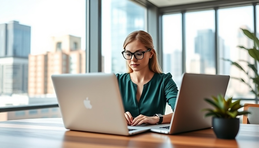 Professional woman using laptop in modern office for business growth.