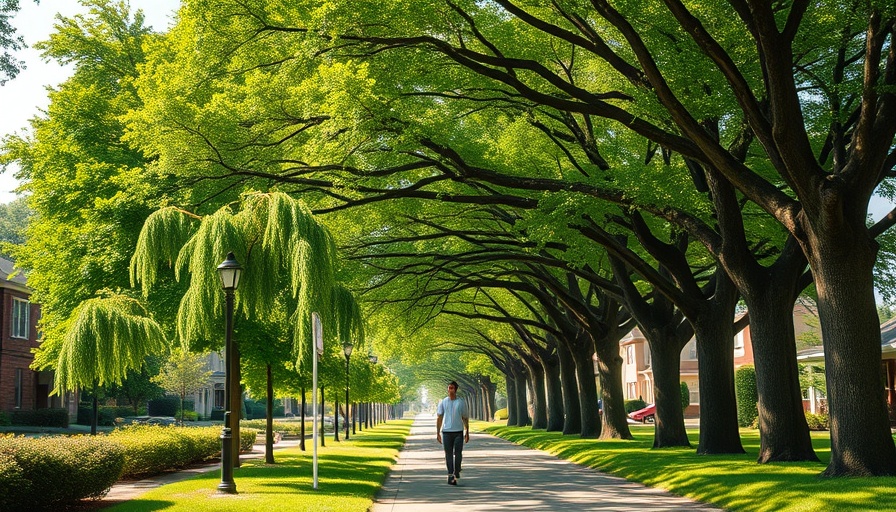 Sunlit pathway beside majestic oak trees in lush suburb, Trump anti-DEI funding cut tree planting.