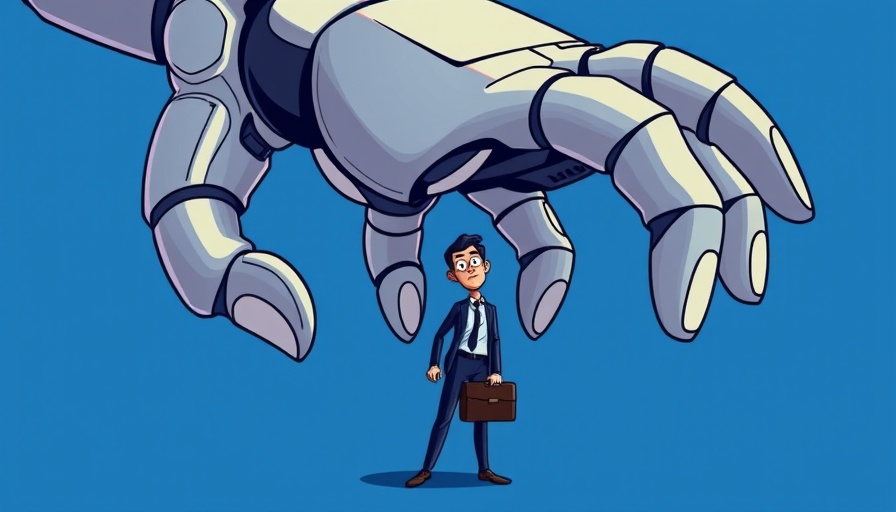 Conceptual cartoon of AI threat to writers with large robotic hand.