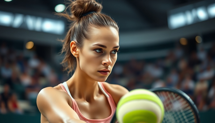 Focused female athlete serving in tennis match, intense concentration.