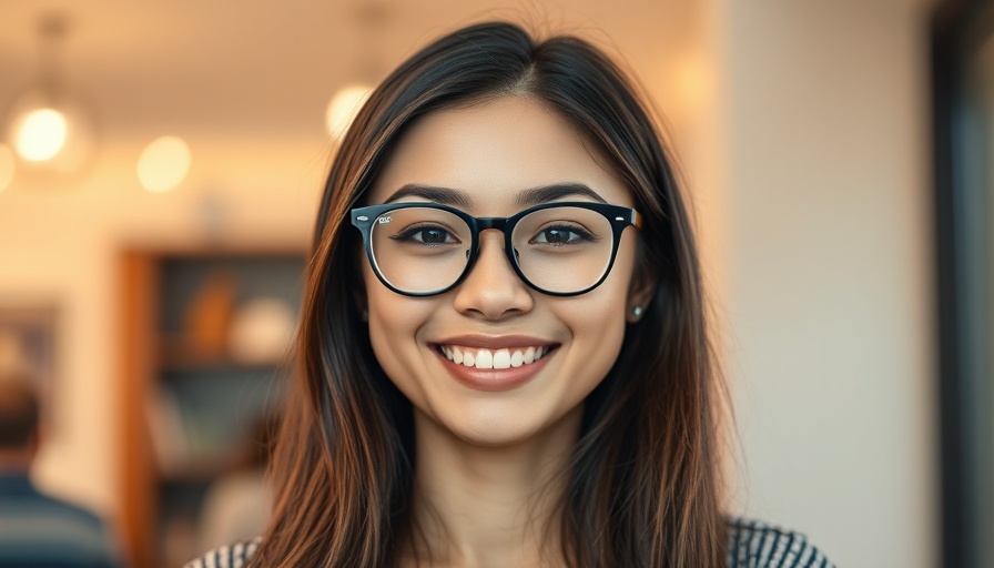 Smiling young woman with glasses indoors, soft light