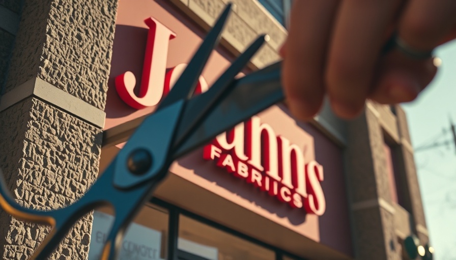 Joann Fabrics store with scissors representing closure amid private equity impact.