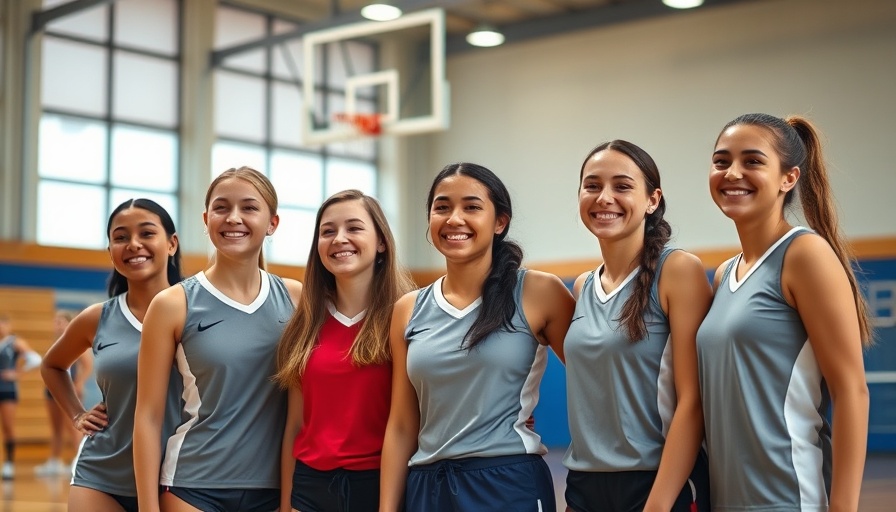 Young volleyball team posing in a sports hall for social media.