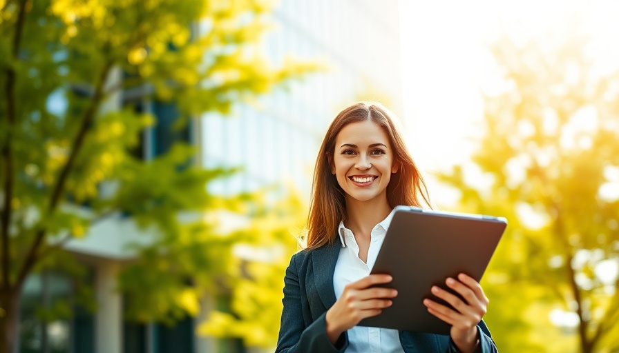 Smiling businesswoman with tablet outdoors, ideal for ChatGPT prompts for marketing emails.