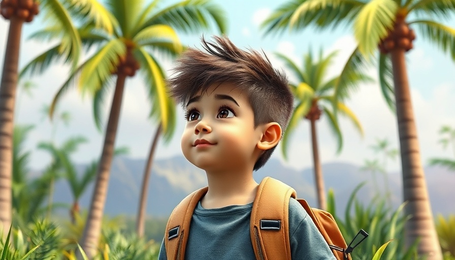 Child explorer in front of tropical mural, accessible design evolution.