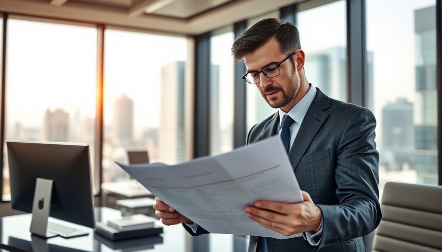 CEO evaluating tariffs in a modern office, symbolizing confidence.