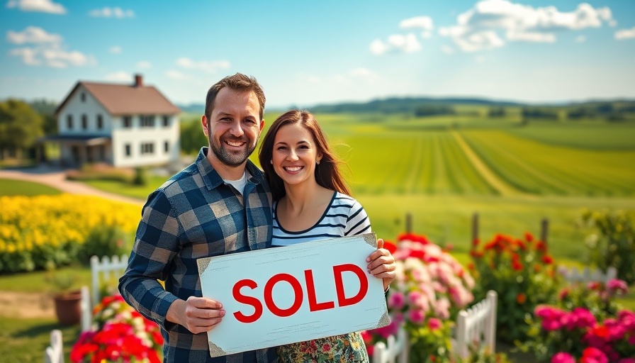 Buying Your First Home in North Dakota: Happy couple with sold sign in vibrant field