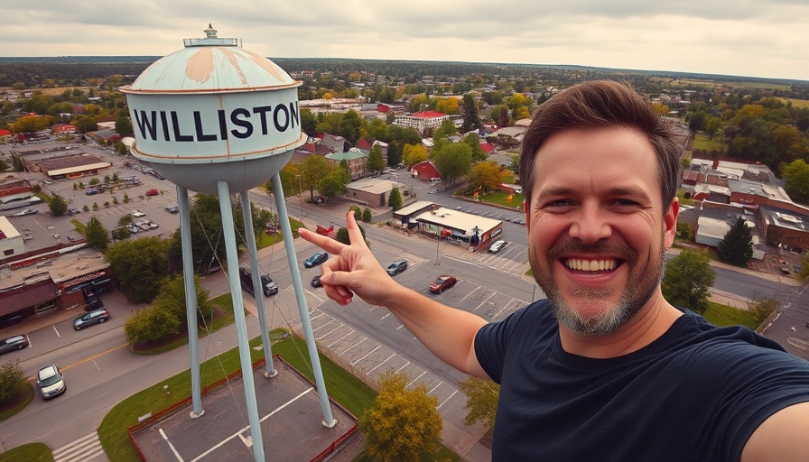 Aerial view of Williston, ND with smiling man pointing at water tower.