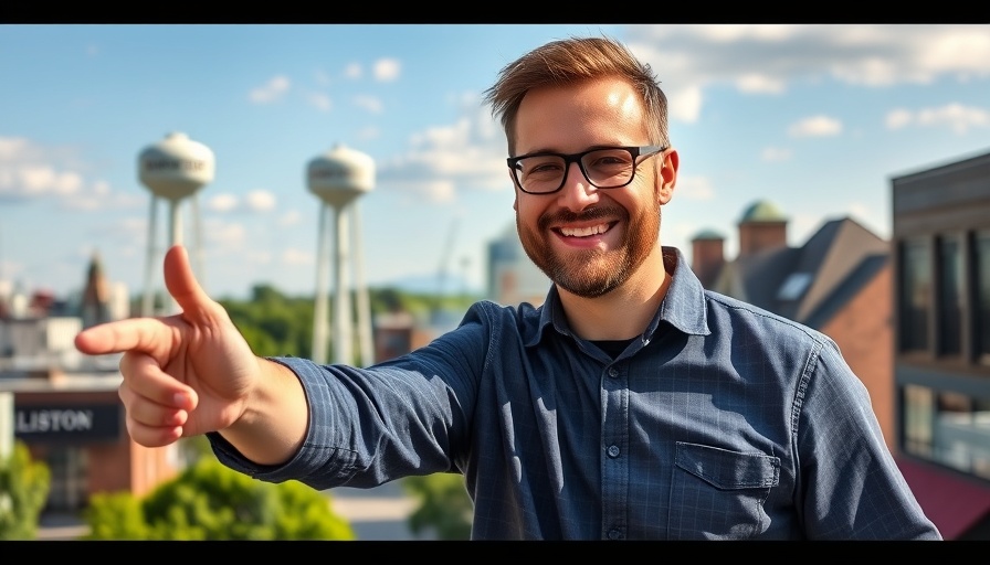 Real estate investment opportunities in Williston North Dakota: smiling man with cityscape.