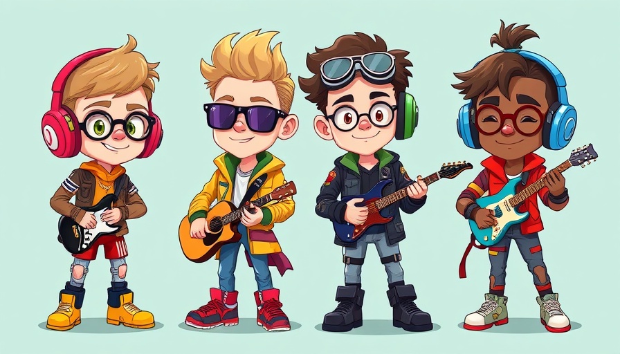 Cartoon illustrations of AI-generated action figure packs for young artists